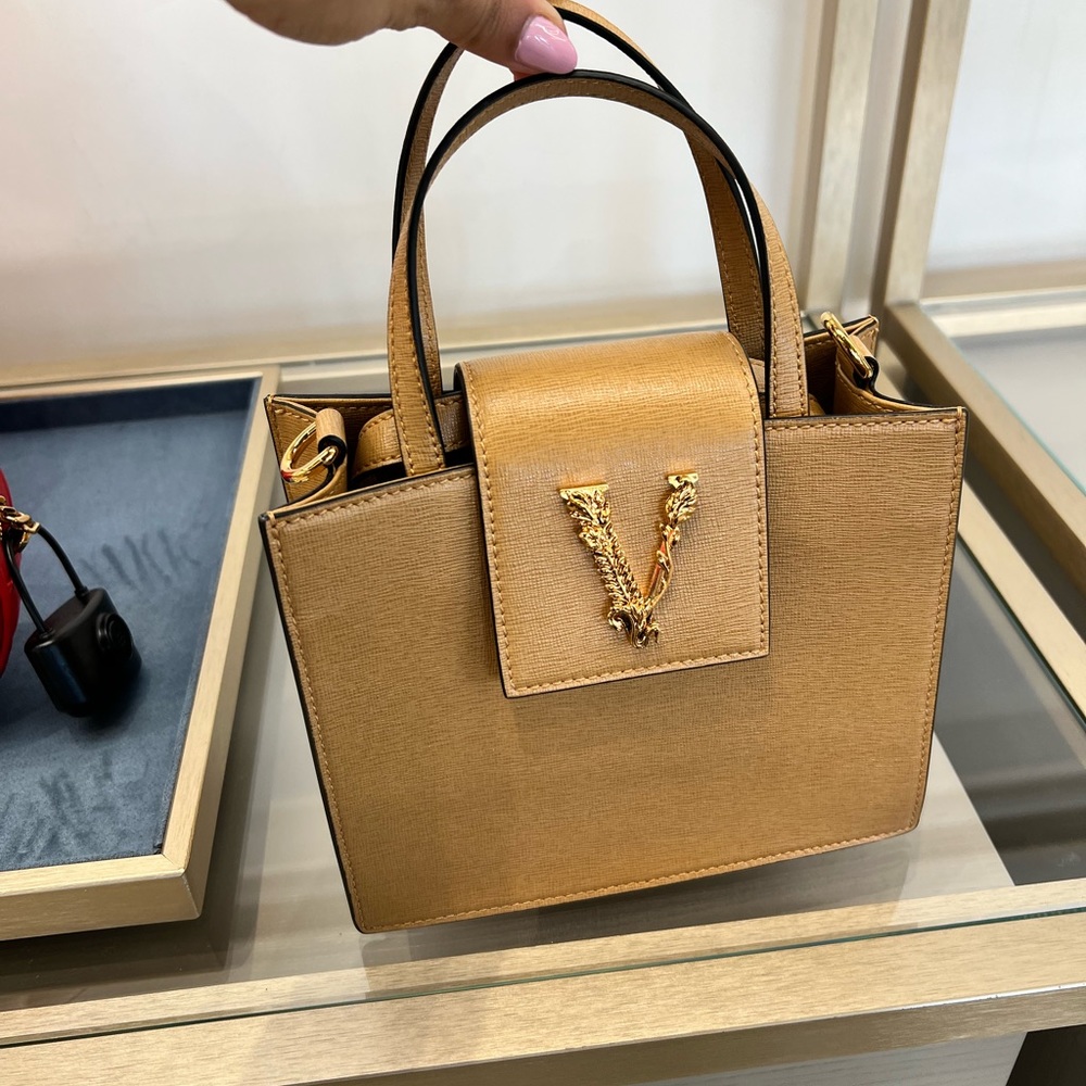 Brand new Versace virtus small tote, caramel tan / gold